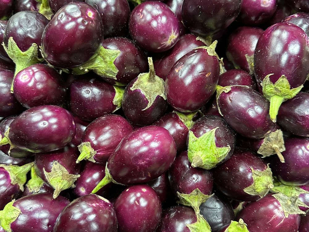 Close up pile of fresh purple eggplants