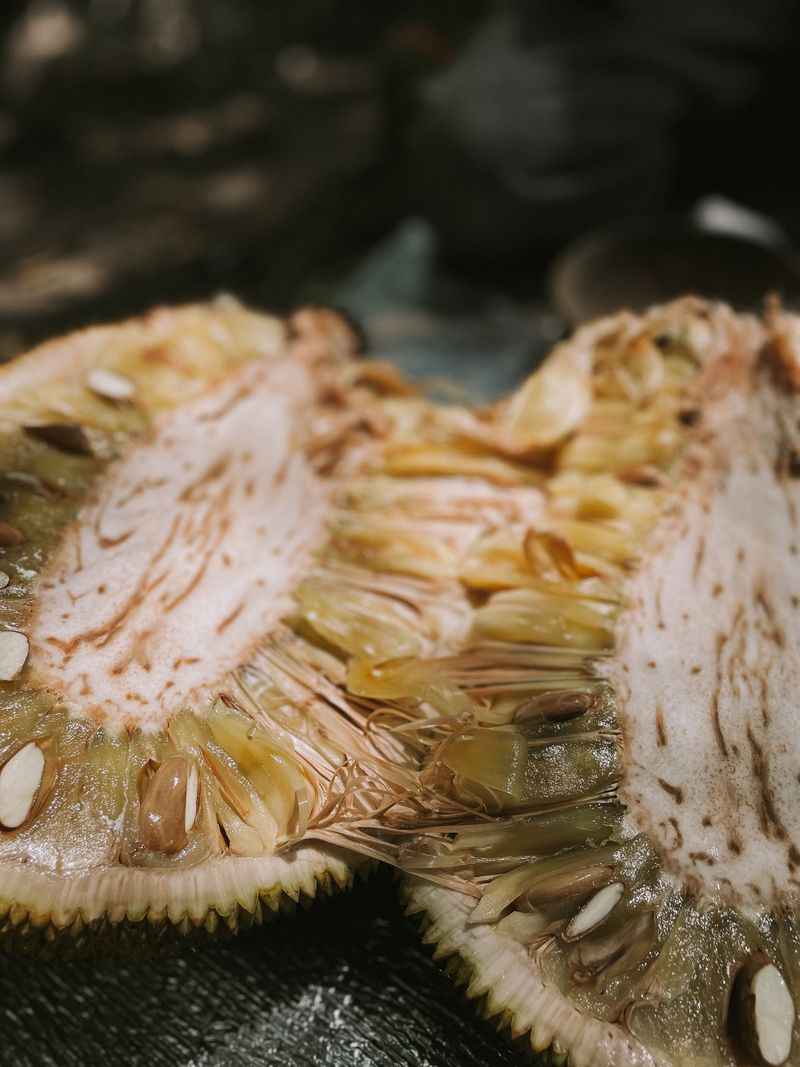 Freshly cut jackfruit showing seeds and texture
